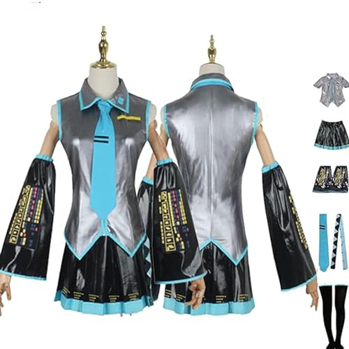 NIKKHO H'atsune Mik'u Cosplay Outfits Anzug Robe Kleid für Mädchen,Game Themed Halloween Blau Maid Kleid Kimono Mantel mit Zubehör H'atsune Mik'u Cosplay Kostüm,Silber,L von NIKKHO