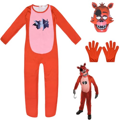 NIKKHO Horror Game FNAF Cosplay Anzüge mit Maske,Foxy Cosplay Kostüme,Halloween Fancy Dress Bodysuit Jumpsuit Set für 5-12 Jahre Kind,Rosa,120 von NIKKHO