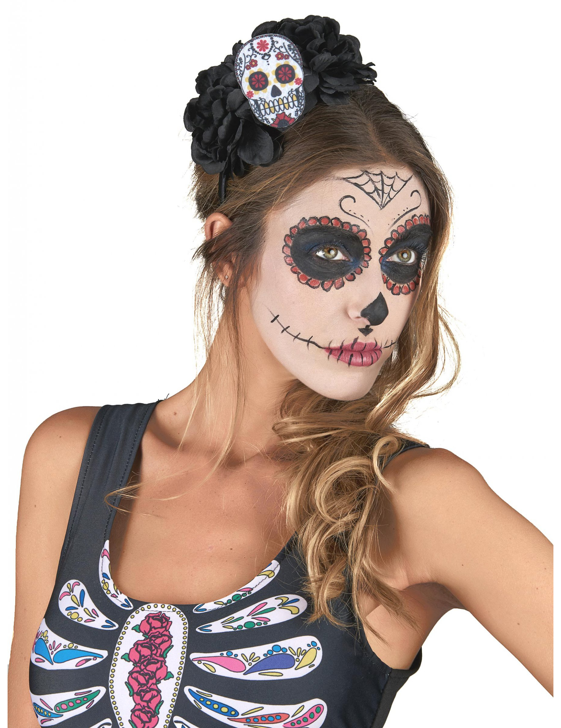 Dia de los Muertos Haarreif mit Rosen und Sugar Skull Halloween Kostüm-Accessoire schwarz-bunt Dia de los Muertos Haarreif mit Rosen und Sugar Skull Halloween Kostüm-Accessoire schwarz-bunt von KARNEVAL-MEGASTORE