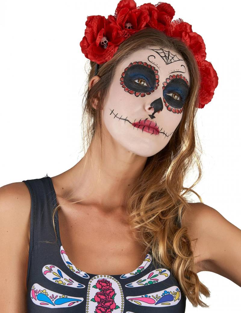 Dia de los Muertos Haarreif mit Rosenblüten Halloween-Accessoire rot von KARNEVAL-MEGASTORE