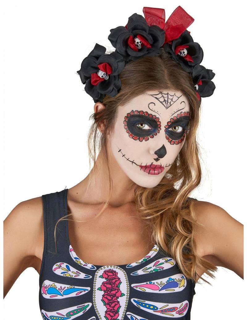 Dia de los Muertos Haarreif mit Totenkopf-Rosen Halloween-Accessoire schwarz-rot von KARNEVAL-MEGASTORE