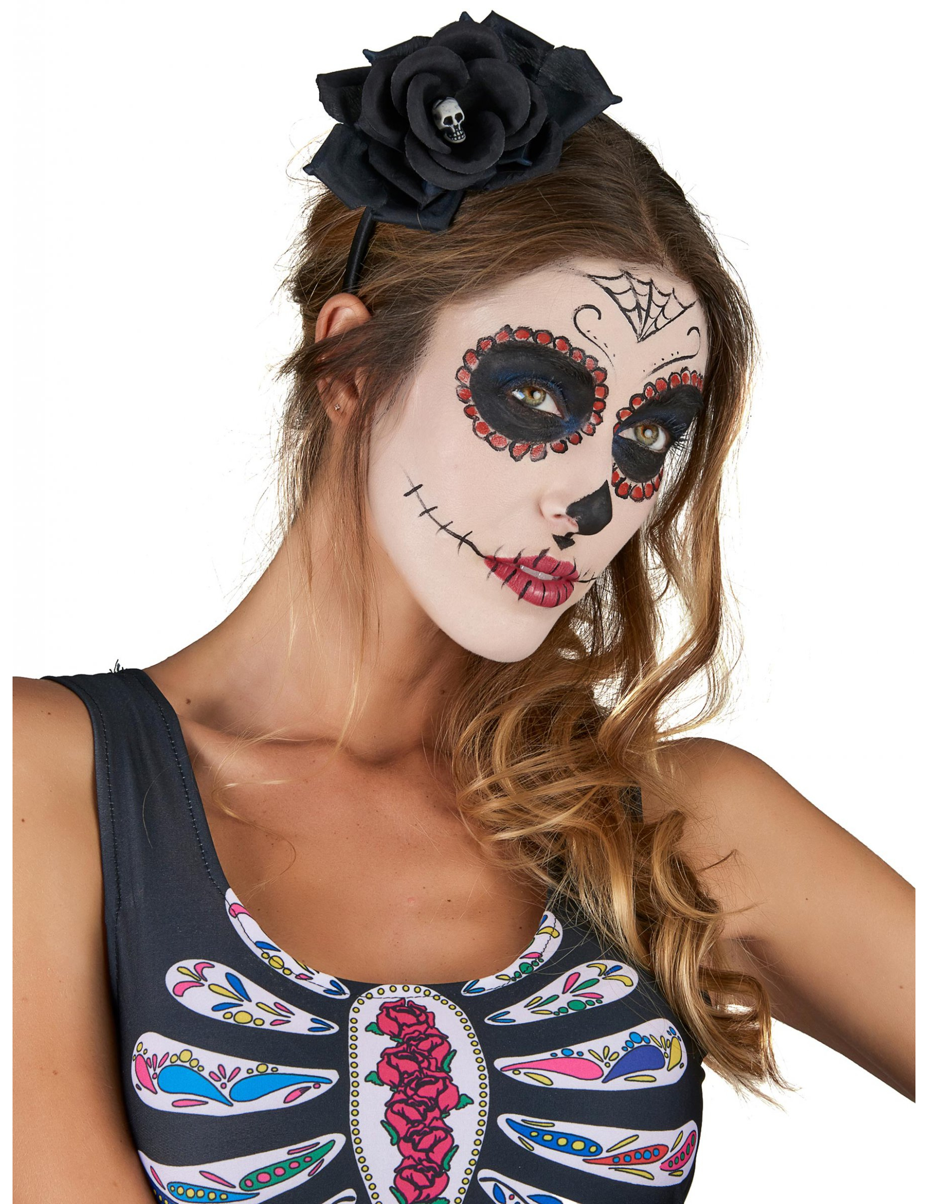 Dia de los Muertos Halloween Haarreif mit Totenkopf-Rosenblüte schwarz-weiss Dia de los Muertos Halloween Haarreif mit Totenkopf-Rosenblüte schwarz-weiss von KARNEVAL-MEGASTORE