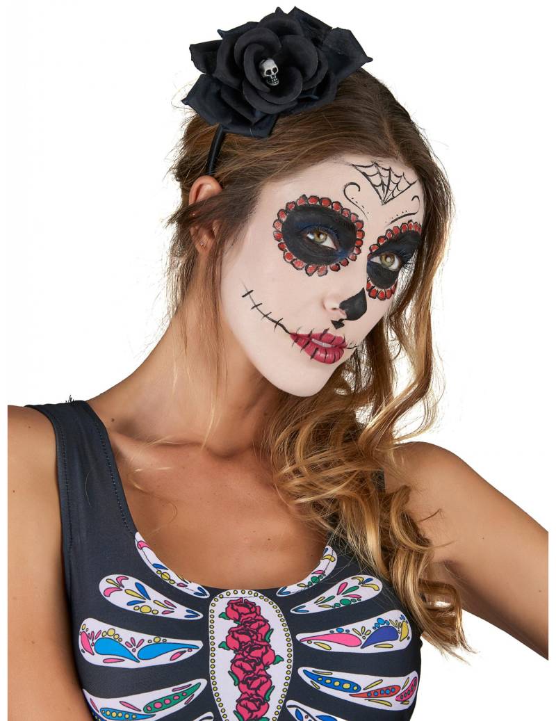 Dia de los Muertos Halloween Haarreif mit Totenkopf-Rosenblüte schwarz-weiss von KARNEVAL-MEGASTORE