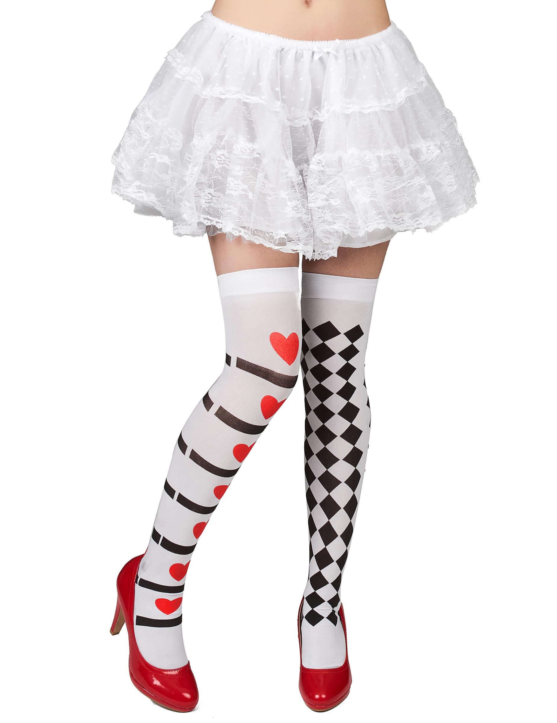 Harlekin Alice Overknees-Strümpfe schwarz-weiss-rot von KARNEVAL-MEGASTORE