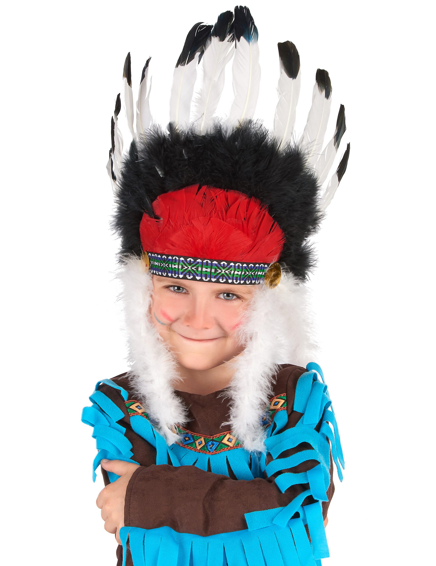 Indianer Häuptling Kopfschmuck Federschmuck für Kinder weiss-schwarz-rot von KARNEVAL-MEGASTORE