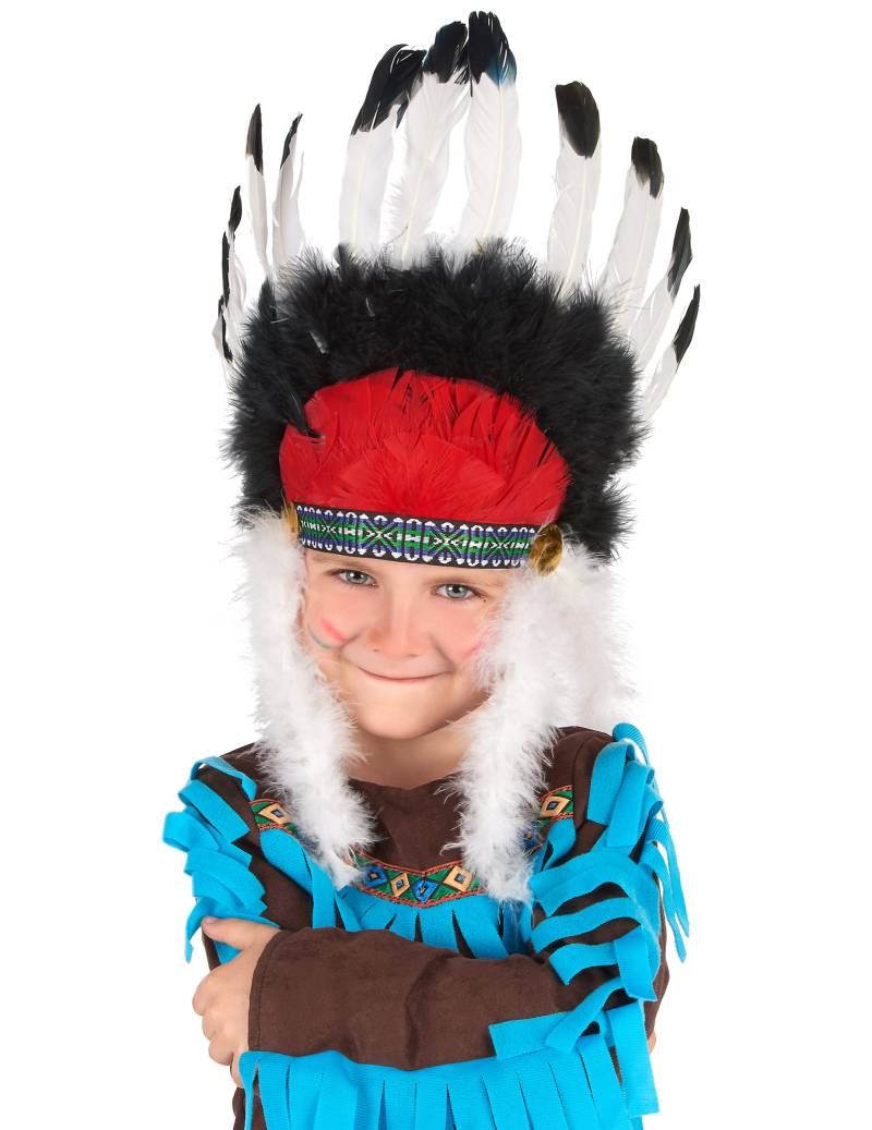 Indianer Häuptling Kopfschmuck Federschmuck für Kinder weiss-schwarz-rot von KARNEVAL-MEGASTORE