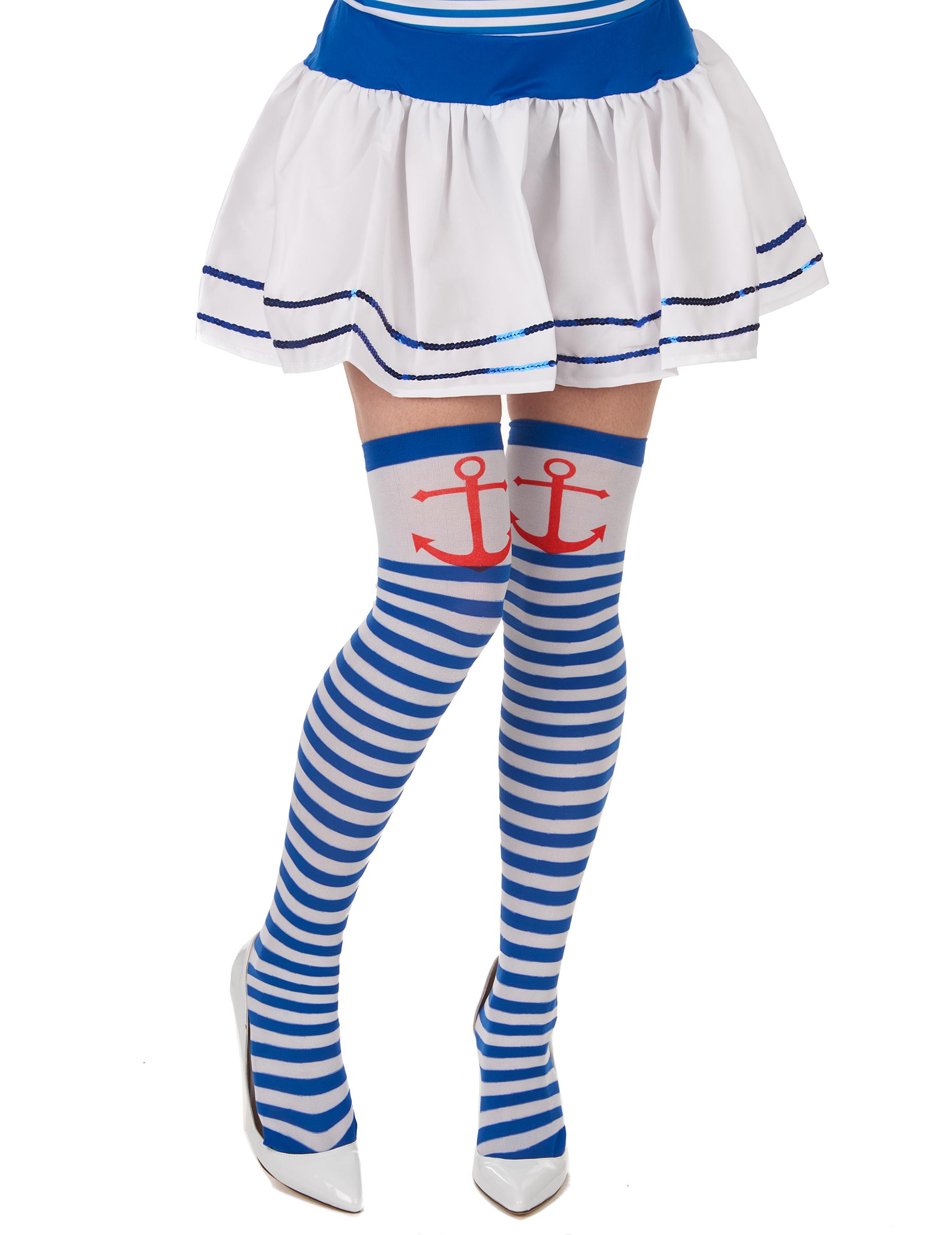 Matrosin Overknees-Strümpfe gestreift mit Anker blau-weiss von KARNEVAL-MEGASTORE