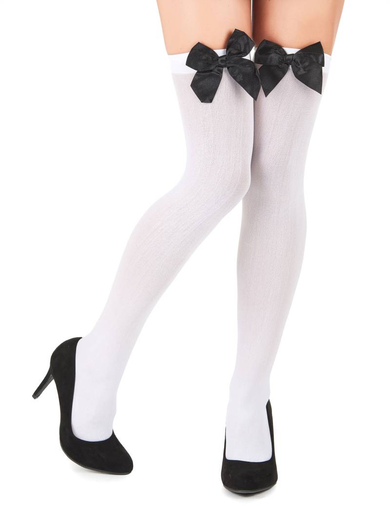 Overknees Strümpfe mit Schleife weiss-schwarz von KARNEVAL-MEGASTORE