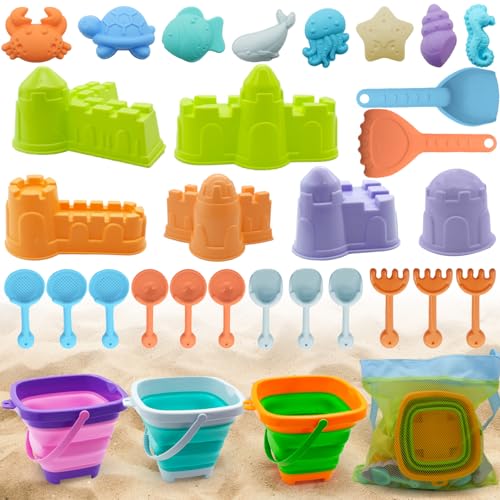 NINGESHOP Sandspielzeug Set, 32 Stück Sandspielzeug Strand, Sandkasten Strand Spielzeug Mit Falteimer, Sandspielzeug Set für Kinder und Kleinkinder, Wasserspielzeug, Sand Toys Kids, Mehrfarbig von NINGESHOP