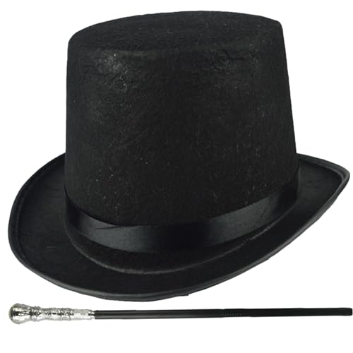 NIOMICO Top -Hutkostüm 2pcs/Set Halloween Top Hut ＆ 31, 5 Zoll Schwarzer Stock 1920er Herrenzubehör für Männer Frauen Magic Performance, Cosplay, Tanz, Weihnachtsbaumkostüm von NIOMICO