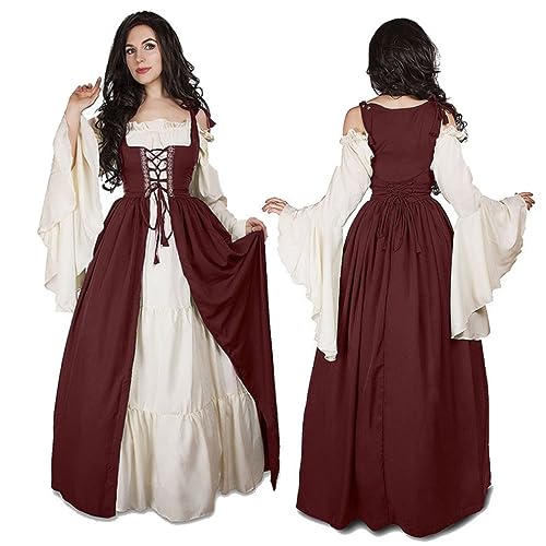 Mittelalter Retro Kleid Hemd Damen Irland Viktorianische Renaissance Kostüm Vintage Königin Erwachsene Bohemian Kostüm Trompete Langarm Gothic Karneval Halloween Party Coslpay (M, Weinrot) von NIRANJAN