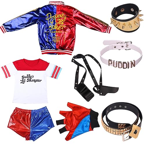 NIRANJAN Damen Mädchen Kostüm Quinn Kostüm Erwachsene Kinder Harley Quinn Cosplay Joker Kostüm Sweatshirt Sweatshirt Mantel Harley Squad T-Shirt Shorts für Karneval Halloween (140 cm) von NIRANJAN