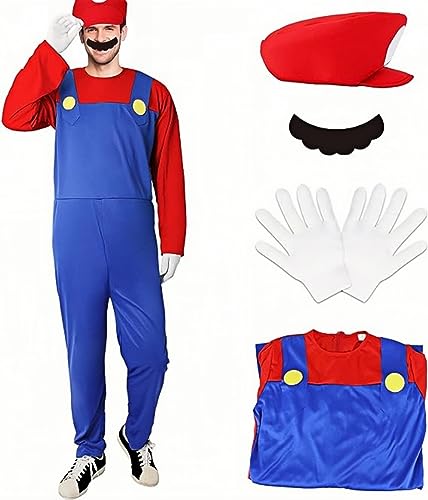 NIRANJAN Halloween-Kostüm, Mario, klassisch, Mädchen, Jungen, Kinder, Erwachsene, Herren, Damen, Cosplay, Kostüm (Herren, Rot, XL) von NIRANJAN