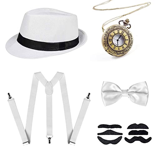 NITAIUN 1920er Herren Zubehör, Mafia Karneval Kostüm Herren, Great Gatsby Kostüm Set, 20er Jahre Accessoires, mit Panama Hut Taschenuhr Verstellbar Hosenträger Fliege Falscher Bart (Style F) von NITAIUN
