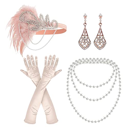 NITAIUN 4 Teiliges 20er Jahre Accessoires Charleston Kostüm 1920 Zubehör-Set 1920s Flapper Great Gatsby Accessoires,Stirnband Handschuhen Halskette Ohrringen, Roaring 20's Theme Party (Set R) von NITAIUN