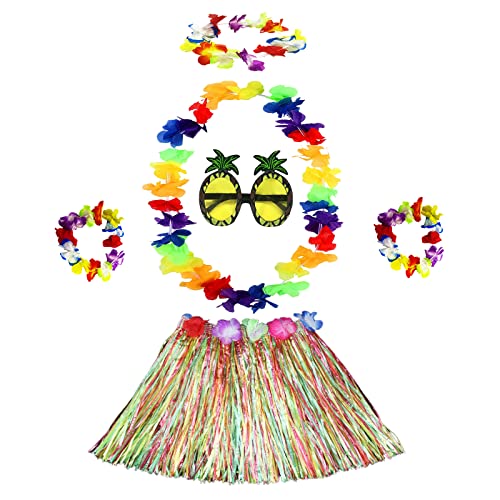 NITAIUN 6 Stück Hawaiianisches Hula-Set, Hawaii Party Kostüme mit Hula Rock Halskette Armbänder Stirnband und Ananas Sonnenbrille für Kinder Frauen für Hawaiianische Beachparty Deko (6 Stück) von NITAIUN