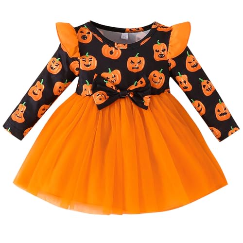 NIUAOAO Baby Mädchen Halloween Kostüme Kürbis Baby Fliegen Ärmel Tutu Spitzenrock + Bowknot + Kürbis patern 12-18 Monate von NIUAOAO
