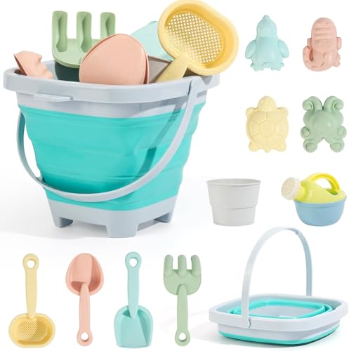 NIWWIN 11-teiliges faltbares Strandspielzeug-Set für Kinder – zusammenklappbarer Eimer, Sandformen, Schaufeln und Netztasche, Sommer-Küstenspielset für europäischen Strandspaß von NIWWIN