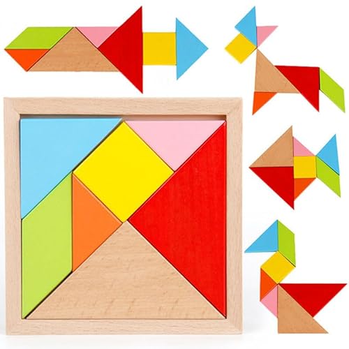 NIWWIN Hölzernes Tangram, Puzzlespiel, Bausteinspielzeug, Reisespiel, mentale Übung, IQ-Buch mit Lösungen, pädagogisches Spielzeug für Kinder, für 3 4 5 6 Jahre. von NIWWIN