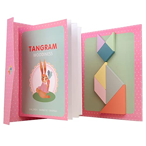 NIWWIN Magnetischer Tangram aus Holz, Puzzle-Spiel, Reisespiel, mentale Übung, IQ-Buch mit Lösungen, pädagogisches Spielzeug der Kinder, Geburtstagsgeschenke für Kinder im Alter von (Rosa) von NIWWIN