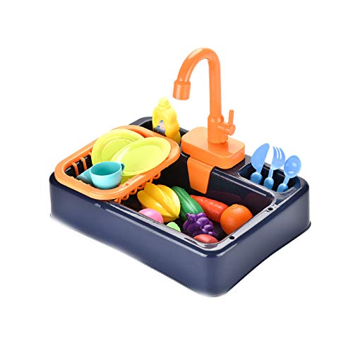 NIWWIN Pretend Play Kids Kitchen Sink Toys Set mit fließendem Wasser Lerngeschenke Jungen Mädchen Simulation Geschirrspüler Arbeitsarmatur & Abfluss Geschenke (Blau) von NIWWIN
