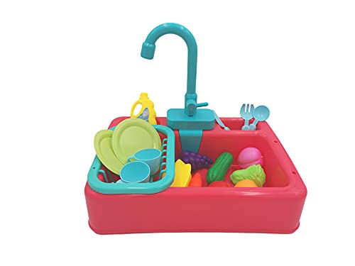 NIWWIN Pretend Play Kids Kitchen Sink Toys Set mit fließendem Wasser Lerngeschenke Jungen Mädchen Simulation Geschirrspüler Arbeitsarmatur & Abfluss Geschenke (Rosa) von NIWWIN