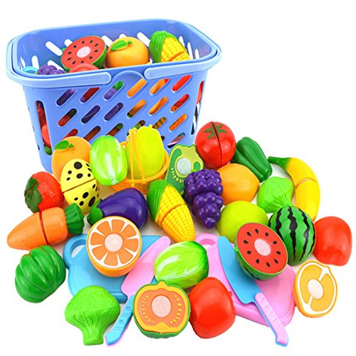 NIWWIN Spielnahrungsset für Kinder, so tun, als würden Sie Gemüse und Obst schneiden - Spielen Küchenzubehör 23 Teile, mit einem Spielzeugmesser und einem schönen Korb von NIWWIN