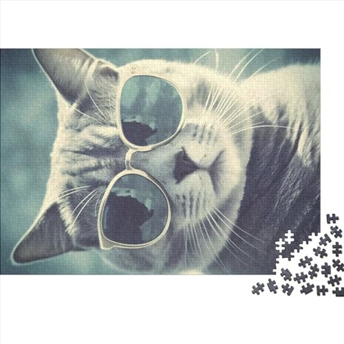 1000-teiliges Puzzle für Erwachsene, Coole Katze mit Sonnenbrille, Geschenke, kreative rechteckige Puzzles, Holzpuzzle 1000 Teile (75 x 50 cm) von NIXCON