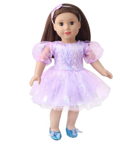 NIXNUT Puppenkleidung, Prinzessinnen-Kleid, hauchdünn, Puffärmel, Paillettenmuster, Sommerkleidung für 18-Zoll-American-Girl-Puppen mit Schleifen-Haarband von NIXNUT