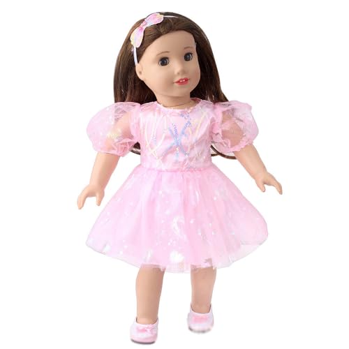 NIXNUT Puppenkleidung, Prinzessinnen-Kleid, hauchdünn, Puffärmel, Paillettenmuster, Sommerkleidung für 18-Zoll-American-Girl-Puppen mit Schleifen-Haarband von NIXNUT