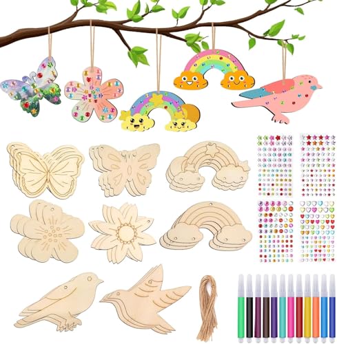 NIXRET Bastelsets für Kinder,49 Stück Basteln Kinder Schmetterling Blume Vogel Biene Holzanhänger zum Bemalen mit Aquarellstift Edelsteinaufkleber Deko Schnur für DIY Kindergeburtstag NIXRET Bastelsets für Kinder,49 Stück Basteln Kinder Schmetterling Blume Vogel Biene Holzanhänger zum Bemalen mit Aquarellstift Edelsteinaufkleber Deko Schnur für DIY Kindergeburtstag von NIXRET