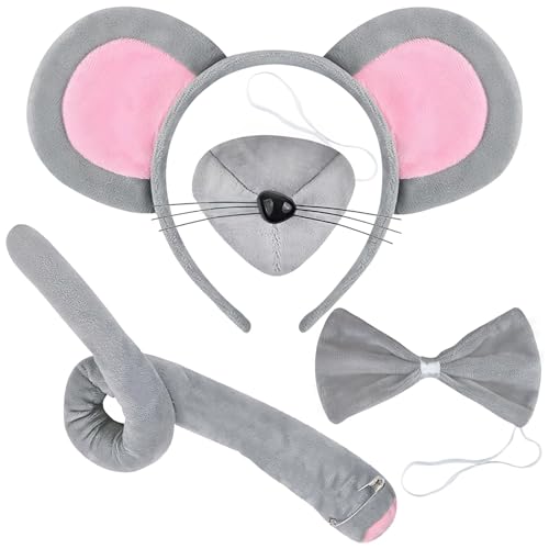 Maus-Kostüm-Set, graue Maus, Ohren, Schwanz, Nase und Fliege, Cartoon-Tier-Cosplay-Zubehör, Halloween-Kostüm für Kinder und Erwachsene Maus-Kostüm-Set, graue Maus, Ohren, Schwanz, Nase und Fliege, Cartoon-Tier-Cosplay-Zubehör, Halloween-Kostüm für Kinder und Erwachsene von NIYANGLE