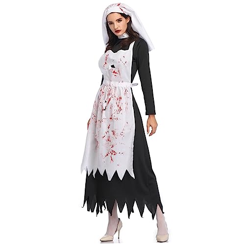 NIYANGLE 1 Stück Horror Nonne Kostüm Halloween Gruselig Gotisch Die Beängstigend Mittelalter Kleidung Geisterkostüm Schreckliches Halloween-kostüm Halloween-party-requisiten Black von NIYANGLE