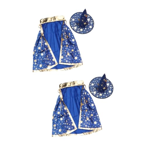 NIYANGLE 2 Stück Halloween Kostüm Set Teilig Umhang und Zaubererhut mit Sternenmuster Blau für Halloween Karneval und Cosplay Party von NIYANGLE
