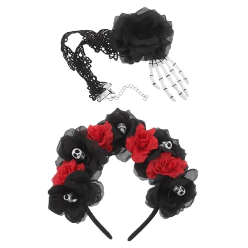 NIYANGLE 2 Stück Teiliges Halloween Schmuckset für Damen Schädel Haarreif und Handknochen Halskette Gruselige Kostüm-accessoires für Party Festival und Schaurige Verkleidungen von NIYANGLE