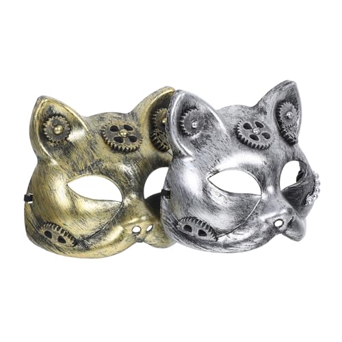 NIYANGLE 2 Stück Teiliges Steampunk Halbgesichts Masken Katzenmotiv in Silber und Gold Detailliertes Cosplay Zubehör für Halloween Karneval Party Komfortabel Leicht Vielseitig für Damen von NIYANGLE