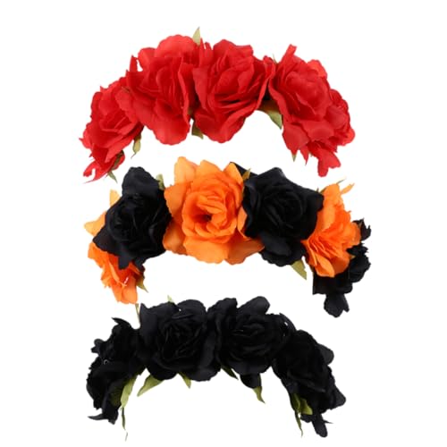 NIYANGLE 3 Stück Teiliges Halloween Flower Hairband Künstliche Blumen Haarschmuck Party Stirnband in Rot Schwarz und Orange Schwarz Bequemes Polyester Dekorativ für Kostüm und Karneval von NIYANGLE