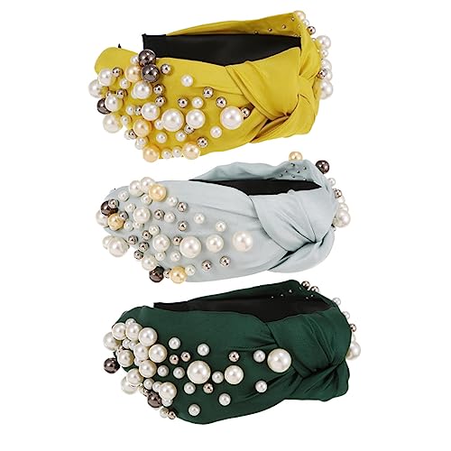 NIYANGLE 3 Stück Teiliges Vintage Haarschmuck mit Perlen und Stoff Haarreifen für Partys und Besondere Anlässe Attraktives Kopfschmuck Accessoire Gelb Hellblau und Dunkelgrün von NIYANGLE