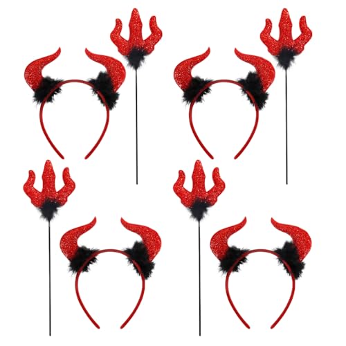 NIYANGLE 4 Sets Halloween-Teufel: Lustiges kleines Cosplay-Horn-Stirnband und Dreizack-Stab – Cosplay-Partyzubehör für Verkleidungen und Dämonenkostüm-Zubehör von NIYANGLE