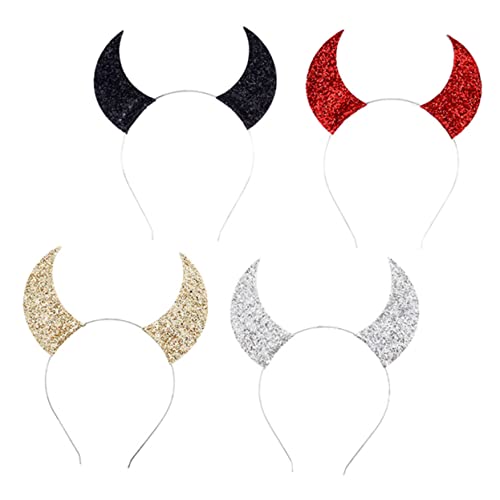 NIYANGLE 4 Stück Teiliges Halloween Teufelshörner Haarreif Leichtes Ox Horn Stirnband Rot Gold Silber Schwarz Party Kostüm Kopfschmuck für Erwachsene Dekoratives Festzubehör von NIYANGLE