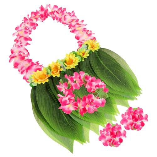 NIYANGLE 5 Stück Teiliges Hawaiianisches Luau Kostüm Set Erwachsene Dehnbarer Grüner Blätterrock mit Armbändern Halskette und Stirnband Tropisches Tanz Outfit für Strand und Themenpartys von NIYANGLE