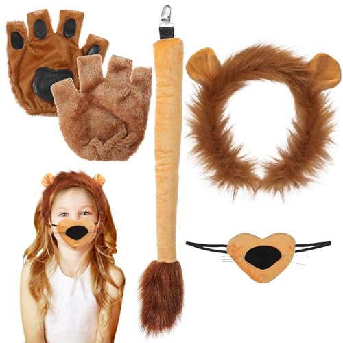NIYANGLE 5-teiliges Löwen-Kostüm-Set: Löwenohren, Stirnband, Nasenschwanz, Pfoten-Handschuhe, Tier-Plüsch-Kostüm-Zubehör, Halloween, Cosplay, Party für Erwachsene von NIYANGLE