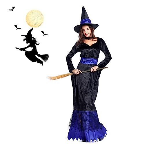 NIYANGLE Blau Schwarzes Hexen Halloween Kostüm Set Damen Xl mit Kleid Hut und Halskette Komfortables Cosplay Outfit für Fasching Maskerade und Kostümparty von NIYANGLE