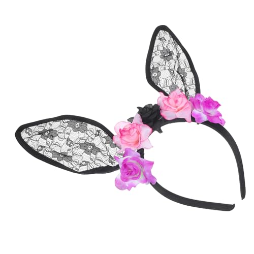 NIYANGLE Halloween Haarreif mit Schwarzen Spitzen Hasenohren und Kleinen Blumen Langlebiges Spitzenmaterial Verformungsbeständig Komfortabel für Erwachsene Party Accessoire und Foto von NIYANGLE