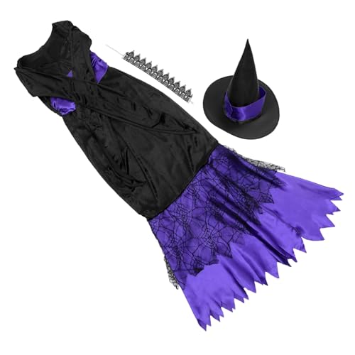 NIYANGLE Halloween Hexenkostüm Set Damen Blau Schwarzes Kleid mit Spitzen Saum Langärmlig Niedriger Ausschnitt Hut und Halskette Bequemes Cosplay Outfit für Party und Karneval von NIYANGLE