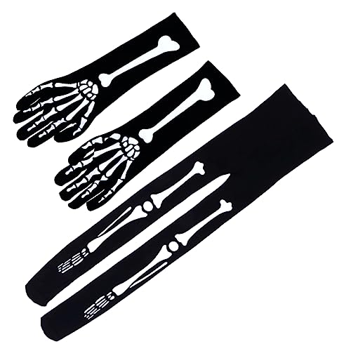 NIYANGLE Halloween Skelett und Handschuhe Set Knochenmuster Polyester und Langlebig für Kostüm und Maskenpartys Einheitsgröße Festliche Accessoires von NIYANGLE