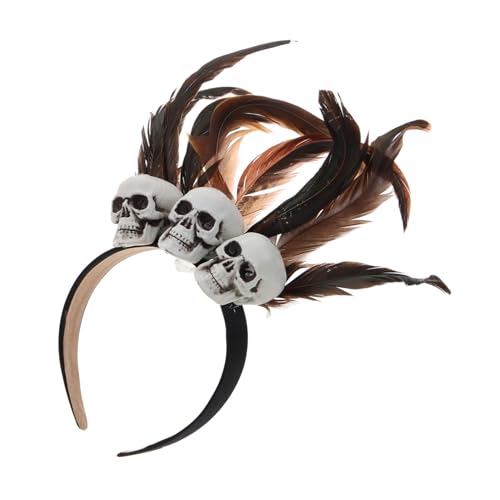 NIYANGLE Halloween Stirnband mit Kunstfedern und Schädelmotiv Karneval Haarreif für Party Universelle Kreatives Halloween Accessoire für Kostüm Cosplay und Bühnenauftritte Schwarz Braun von NIYANGLE