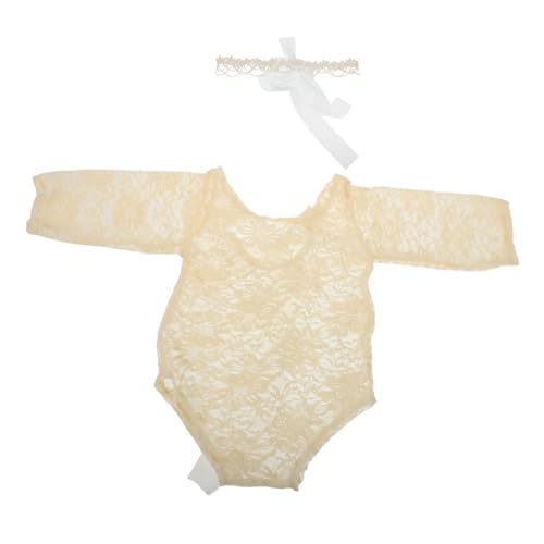 NIYANGLE Neugeborenen Spitzen für Mädchen Fotoshooting Weicher Baumwoll Romper mit Perlen Schleife Passendes Kopfband mit Ährenmotiv Hautfreundlich Vielseitig für und Festtagsbilder von NIYANGLE