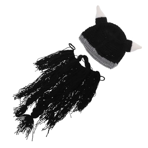 NIYANGLE Viking Mütze Strickbeanie mit Realistischem Bartschmuck und Hörnern Mittelalterliche Wikinger Kopfbedeckung für Männer Lustige Gestrickte Mütze für Cosplay Fasching und von NIYANGLE