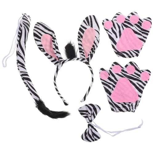 NIYANGLE Zebra-Kostüm-Set, Zebraohren, Stirnband, Schwanz, Fliege und Handschuhe, Cartoon-Tier-Cosplay-Zubehör, Halloween-Verkleidungs-Kostüm für Erwachsene von NIYANGLE
